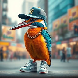 A kingfisher bird dressed as a rapper, wearing a vibrant hip-hop outfit with a flashy gold chain, a stylish cap worn sideways, and trendy sneakers