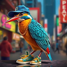 A kingfisher bird dressed as a rapper, wearing a vibrant hip-hop outfit with a flashy gold chain, a stylish cap worn sideways, and trendy sneakers