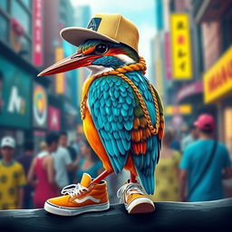 A kingfisher bird dressed as a rapper, wearing a vibrant hip-hop outfit with a flashy gold chain, a stylish cap worn sideways, and trendy sneakers