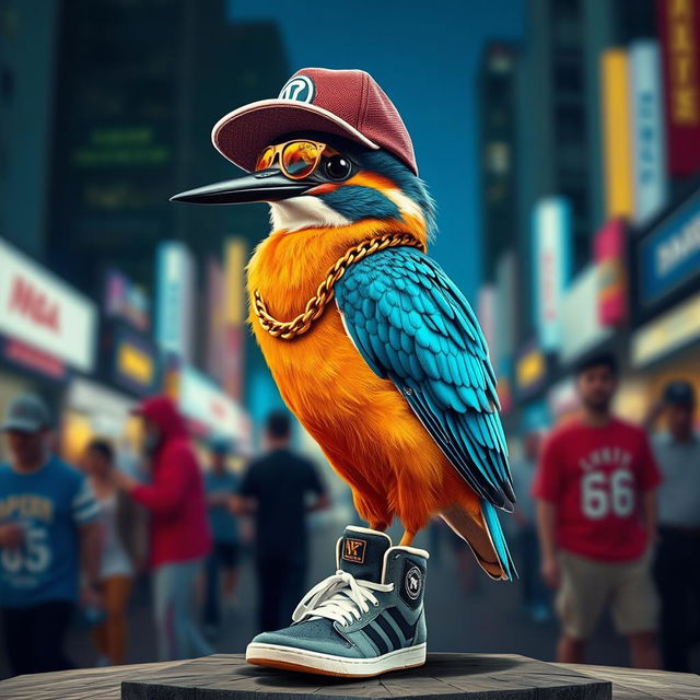 A kingfisher bird dressed as a rapper, wearing a vibrant hip-hop outfit with a flashy gold chain, a stylish cap worn sideways, and trendy sneakers