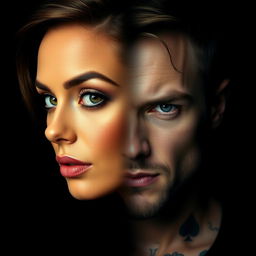 A black background highlighting two faces merging into a single, unified visage