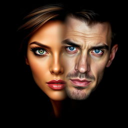 A black background highlighting two faces merging into a single, unified visage