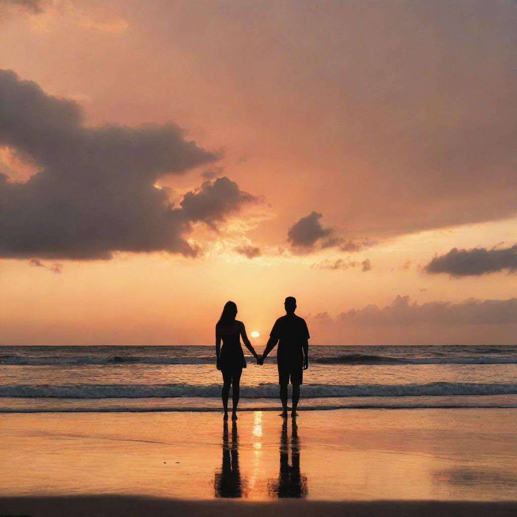 A landscape orientation of a silhouette of a couple holding hands on a beach, staring at an orange sky full of clouds, with an empty space in the middle forming a heart.