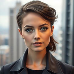 a realistic portrait of a 28-year-old woman with striking features, captivating eyes, and a confident expression