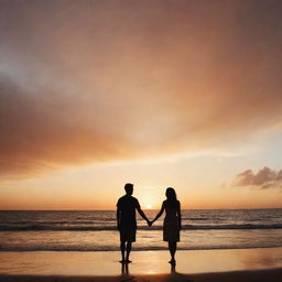 A landscape orientation of a silhouette of a couple holding hands on a beach, staring at an orange sky full of clouds, with an empty space in the middle forming a heart.