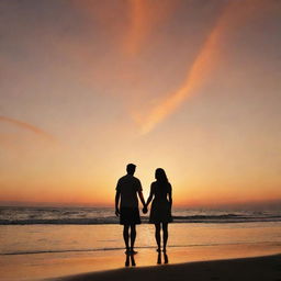 A landscape orientation of a silhouette of a couple holding hands on a beach, staring at an orange sky full of clouds, with an empty space in the middle forming a heart.