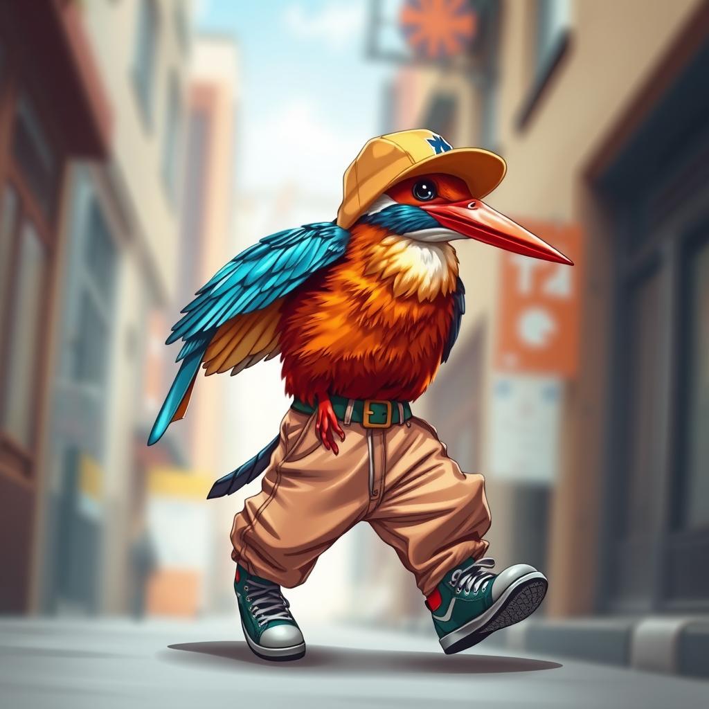 A kingfisher bird with a rapper flow, wearing stylish pants and embodying a cool, urban vibe