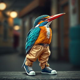 A kingfisher bird with a rapper flow, wearing stylish pants and embodying a cool, urban vibe