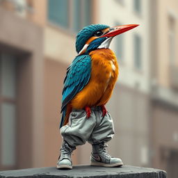 A kingfisher bird with a rapper flow, wearing stylish pants and embodying a cool, urban vibe