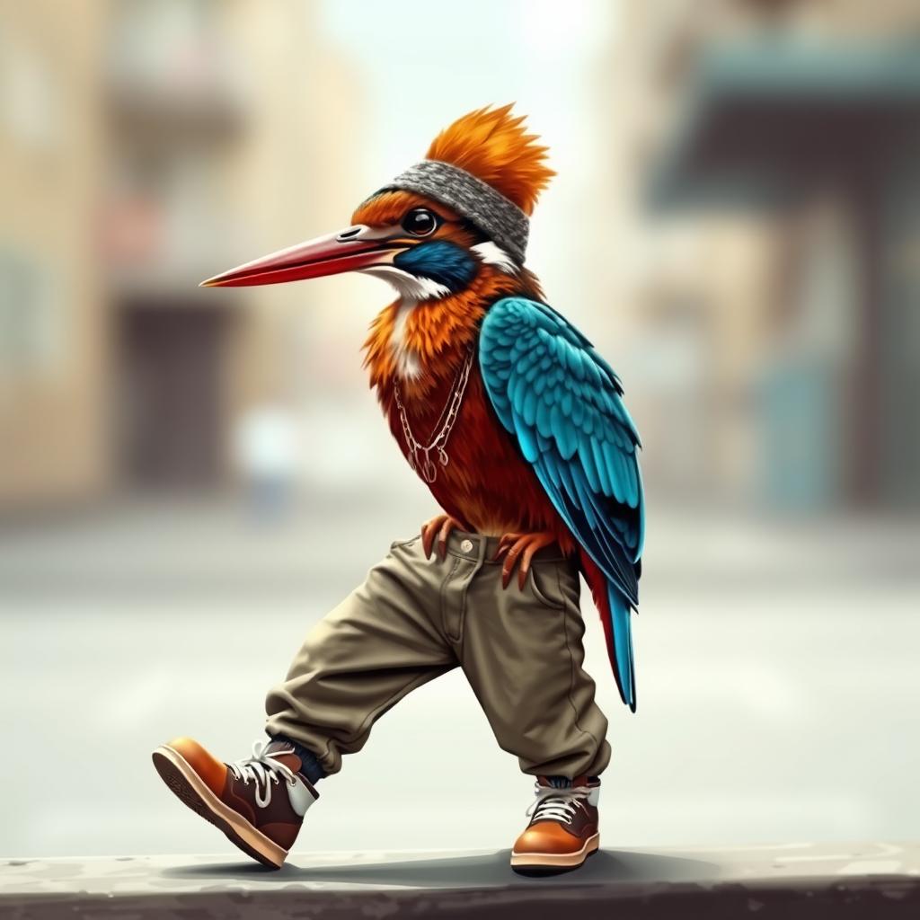 A kingfisher bird with a rapper flow, wearing stylish pants and embodying a cool, urban vibe