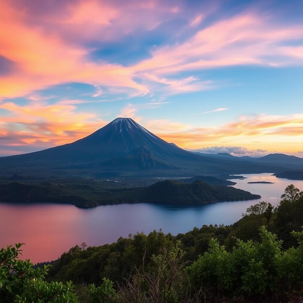 A breathtaking landscape featuring a serene lake in the foreground, with a majestic volcano in the background