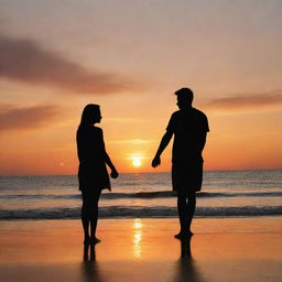 A landscape orientation of a silhouette of a couple holding hands on a beach, staring at an orange sky full of clouds, with an empty space in the middle forming a heart.