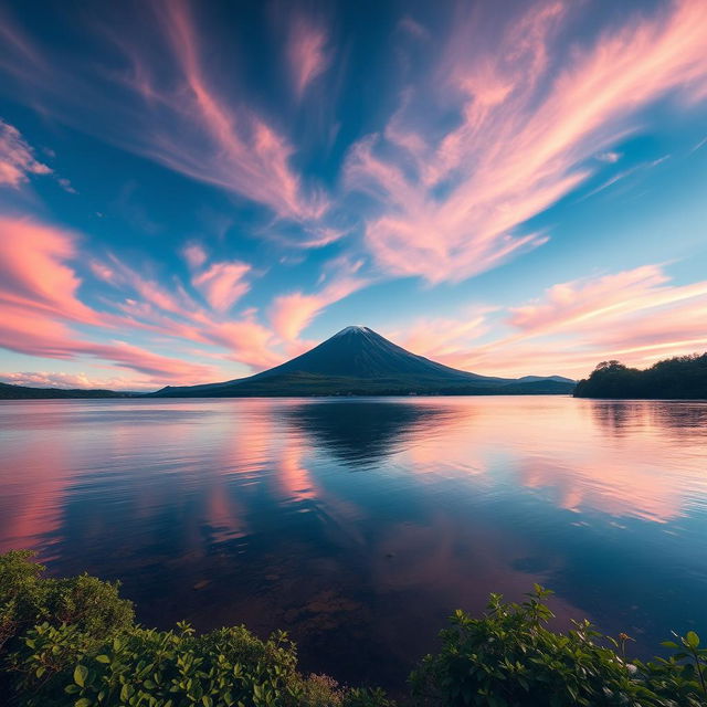 A breathtaking landscape featuring a serene lake in the foreground, with a majestic volcano in the background