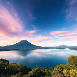 A breathtaking landscape featuring a serene lake in the foreground, with a majestic volcano in the background