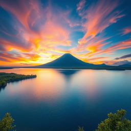 A breathtaking landscape featuring a serene lake in the foreground, with a majestic volcano in the background