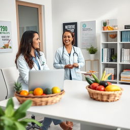 A serene and professional clinical nutrition scene in a modern medical office