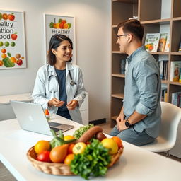 A serene and professional clinical nutrition scene in a modern medical office