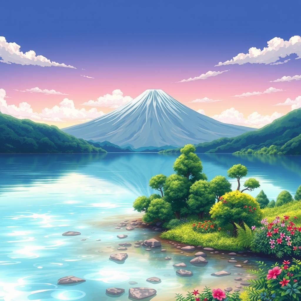 An anime-style landscape featuring a tranquil lake in the foreground with a majestic volcano in the background