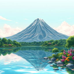 An anime-style landscape featuring a tranquil lake in the foreground with a majestic volcano in the background