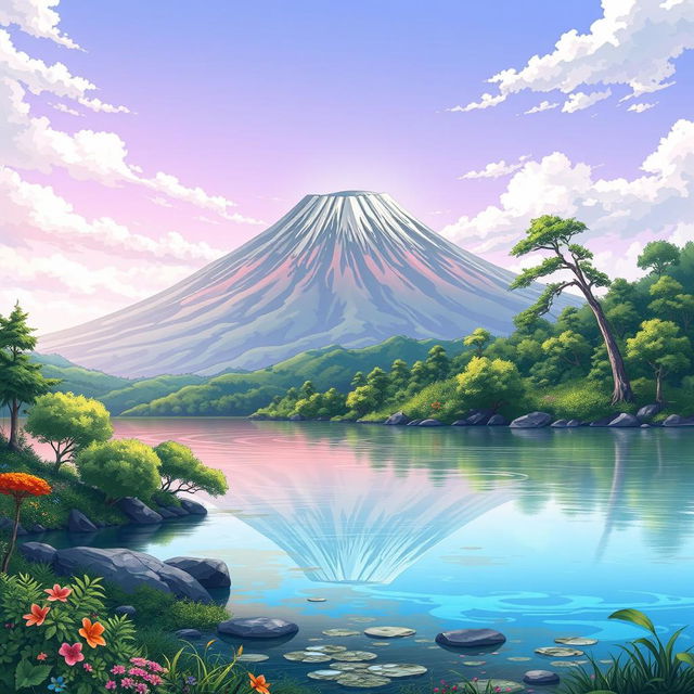 An anime-style landscape featuring a tranquil lake in the foreground with a majestic volcano in the background