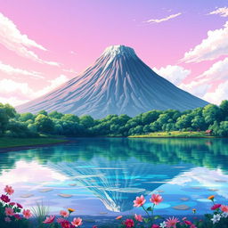 An anime-style landscape featuring a tranquil lake in the foreground with a majestic volcano in the background