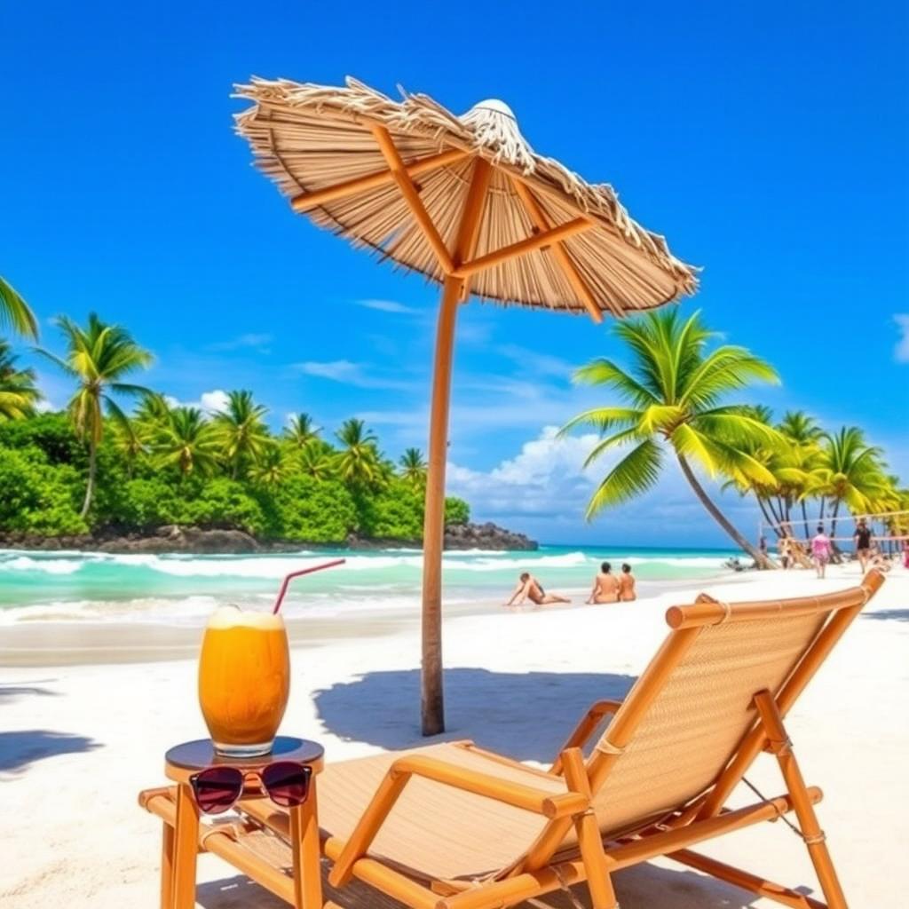 A vibrant scene of an Indonesian tropical beach paradise with clear blue skies, lush green palm trees, and gentle waves crashing onto a white sandy shore