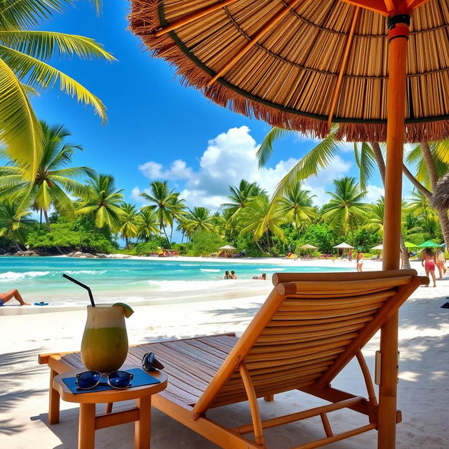 A vibrant scene of an Indonesian tropical beach paradise with clear blue skies, lush green palm trees, and gentle waves crashing onto a white sandy shore