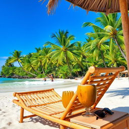 A vibrant scene of an Indonesian tropical beach paradise with clear blue skies, lush green palm trees, and gentle waves crashing onto a white sandy shore