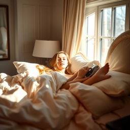 A young woman with long flowing hair resting in a luxurious bed, under soft, pastel-colored sheets, enjoying a peaceful morning