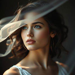 artistic portrayal of a confident young woman, emphasizing her strong features and natural beauty, portrayed in a tasteful and respectful manner, surrounded by ethereal light that highlights her poise and elegance