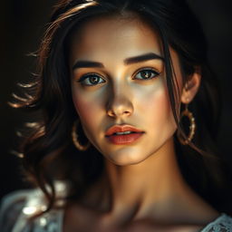 artistic portrayal of a confident young woman, emphasizing her strong features and natural beauty, portrayed in a tasteful and respectful manner, surrounded by ethereal light that highlights her poise and elegance