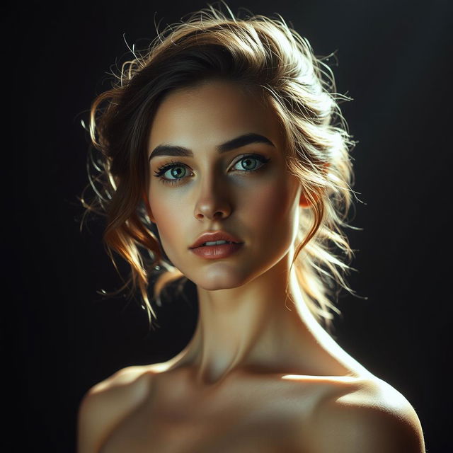 artistic portrayal of a confident young woman, emphasizing her strong features and natural beauty, portrayed in a tasteful and respectful manner, surrounded by ethereal light that highlights her poise and elegance