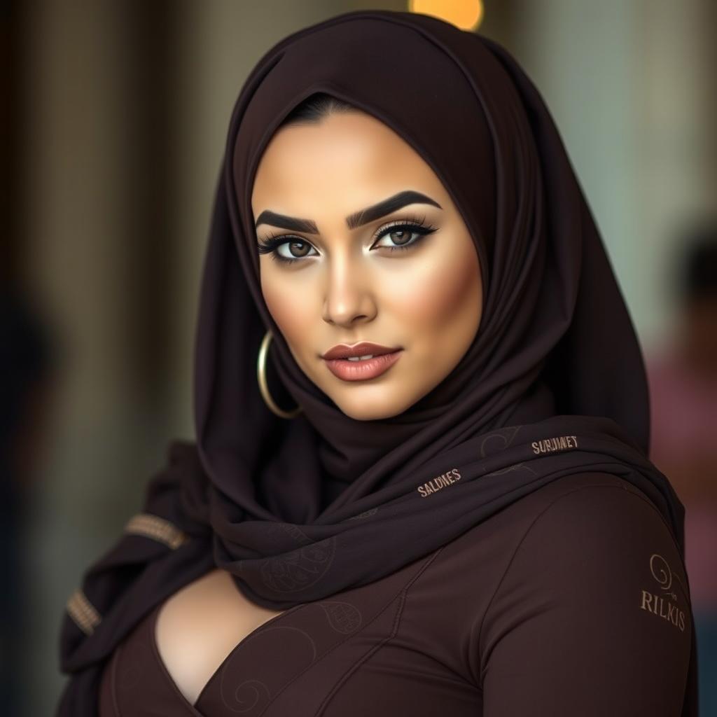 A confident and alluring woman wearing a stylish hijab, exuding beauty and elegance