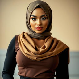 A confident and alluring woman wearing a stylish hijab, exuding beauty and elegance