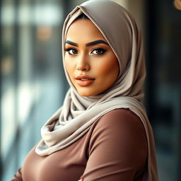 A confident and alluring woman wearing a stylish hijab, exuding beauty and elegance