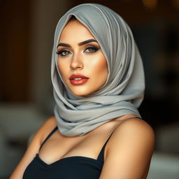 A confident and alluring woman wearing a stylish hijab, exuding beauty and elegance