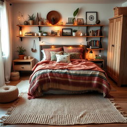 A boho-inspired bedroom featuring a blend of distinctive Ikea furniture and eclectic bohemian decor