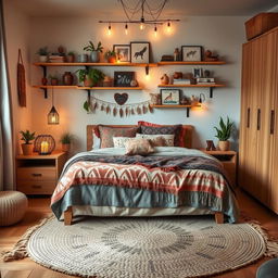 A boho-inspired bedroom featuring a blend of distinctive Ikea furniture and eclectic bohemian decor