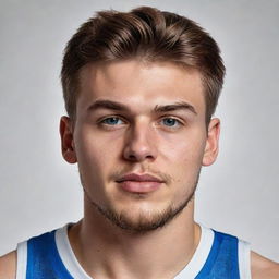 A realistic portrait of Luka Doncic, the professional basketball player, showing his good looks and athletic physique in detailed art style