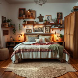 A boho-inspired bedroom featuring a blend of distinctive Ikea furniture and eclectic bohemian decor