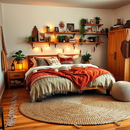 A boho-inspired bedroom featuring a blend of distinctive Ikea furniture and eclectic bohemian decor