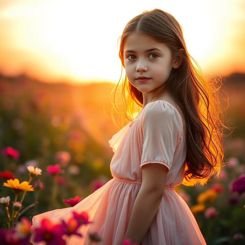 A portrait of a girl standing in a field with flowers, set during a serene sunset