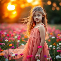 A portrait of a girl standing in a field with flowers, set during a serene sunset