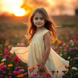 A portrait of a girl standing in a field with flowers, set during a serene sunset