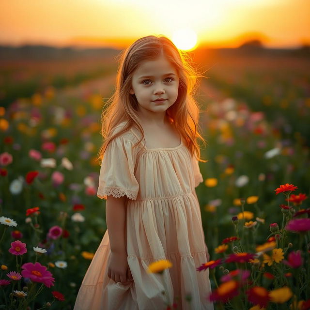 A portrait of a girl standing in a field with flowers, set during a serene sunset