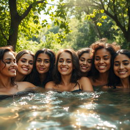 A serene scene of women bathing together in a sunlit setting