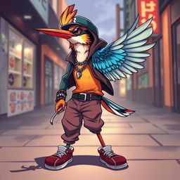 An anime-style kingfisher bird with a rapper flow, dressed in stylish pants, exuding a cool and confident urban vibe