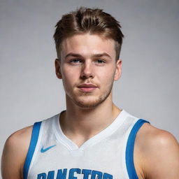 A realistic portrait of Luka Doncic, the professional basketball player, showing his good looks and athletic physique in detailed art style