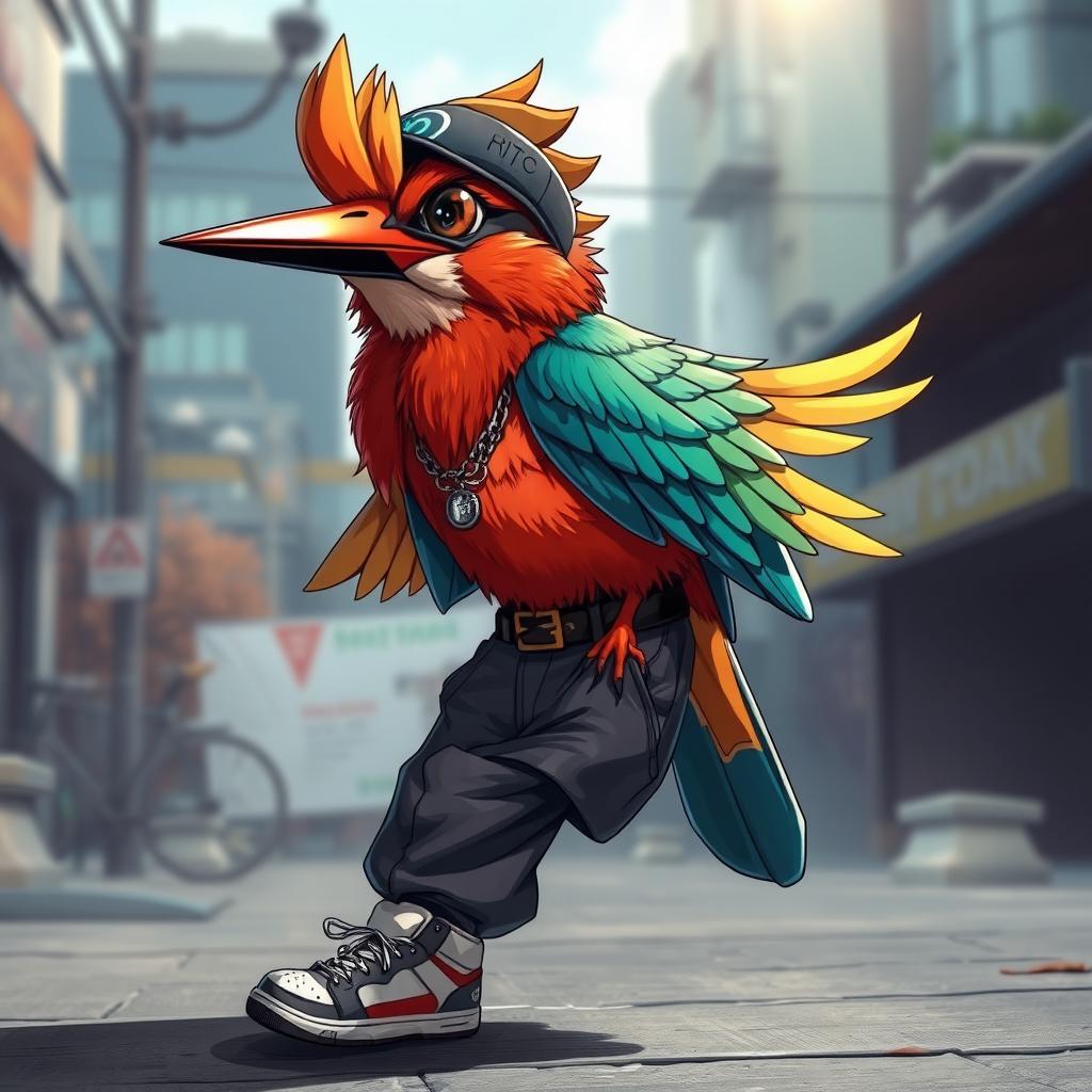 An anime-style kingfisher bird with a rapper flow, dressed in stylish pants, exuding a cool and confident urban vibe