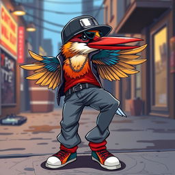 An anime-style kingfisher bird with a rapper flow, dressed in stylish pants, exuding a cool and confident urban vibe